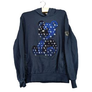 Avenue George V Paris Pullover Hoodie Size L Blue Embroidered Bear SEE DESC